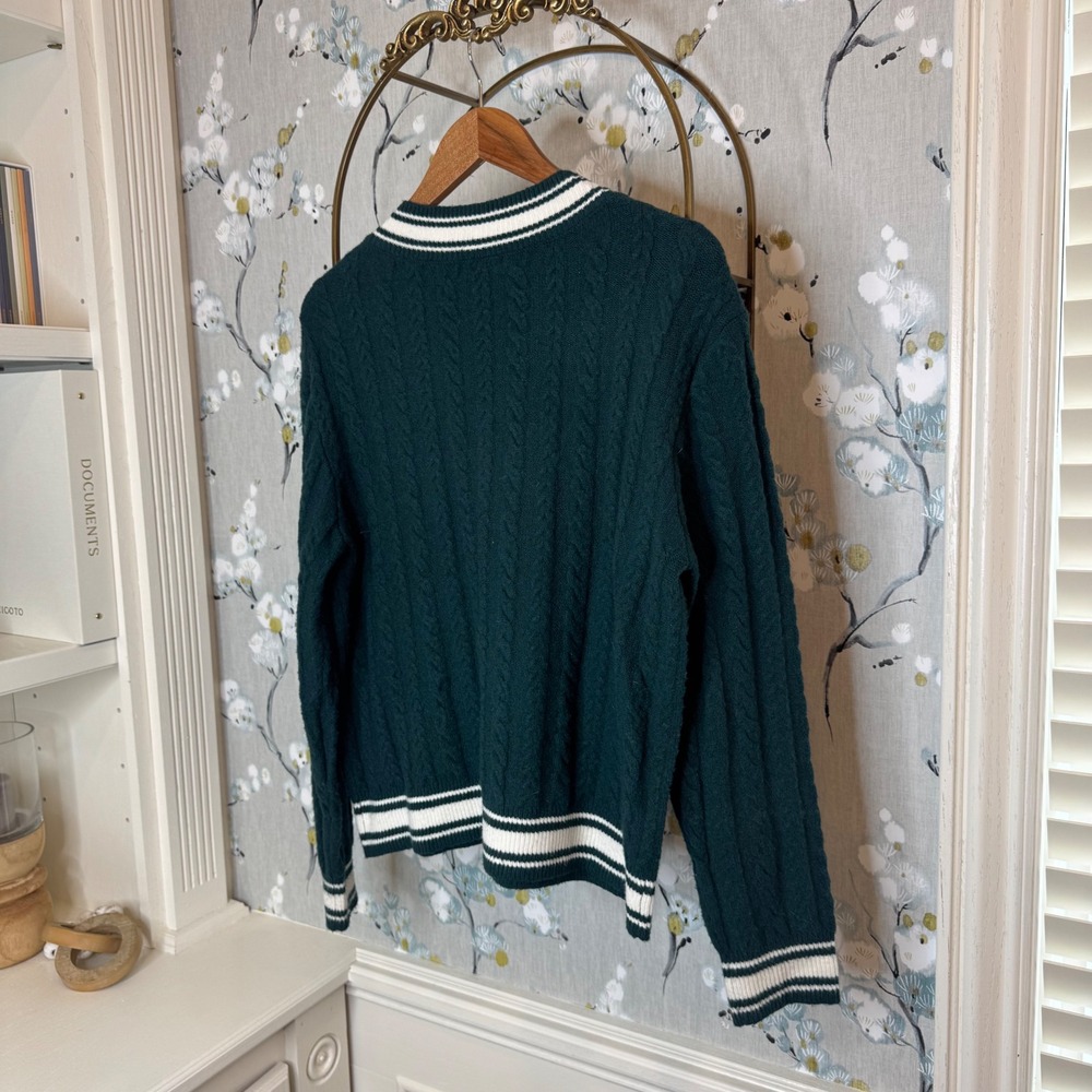 PINK Victoria's Secret Cable Knit Varsity Sweater Green White V-Neck Preppy S - Picture 5 of 5